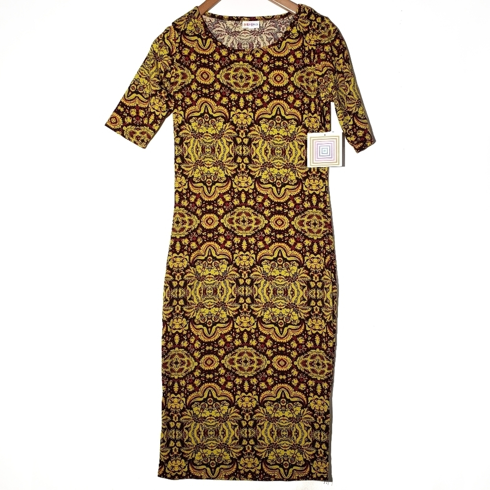 NEW Lularoe Julia Midi Dress Paisley Tribal Black‎ Yellow Maroon XS NWT